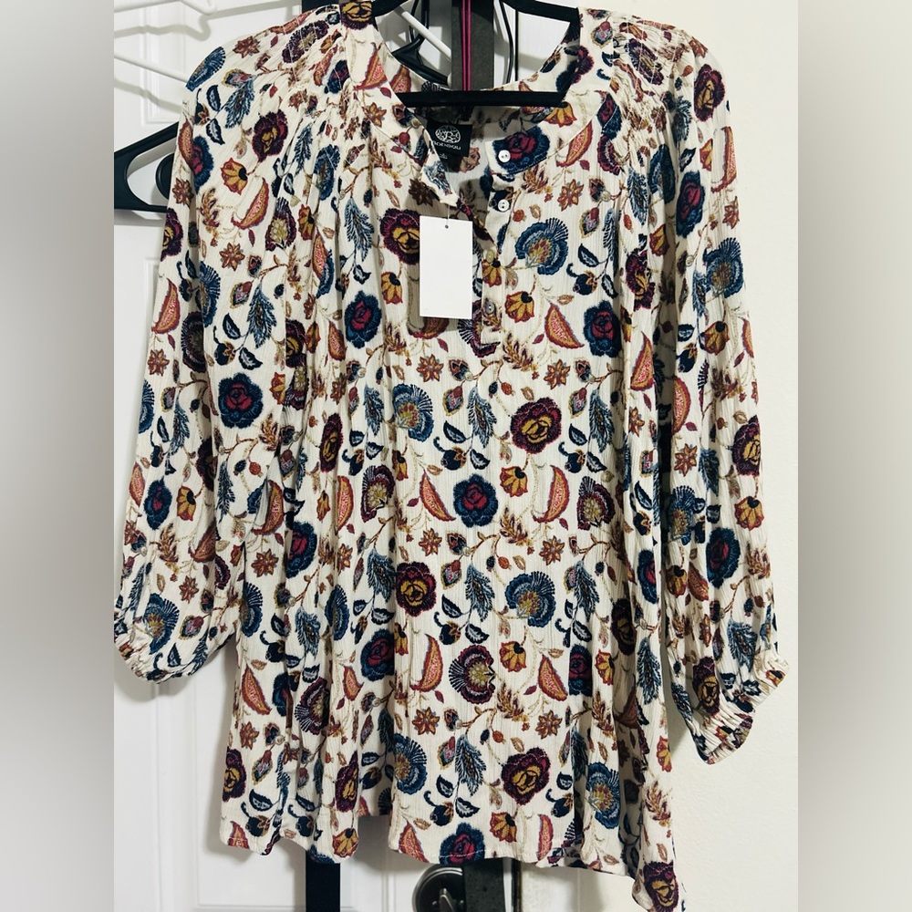 🔥Bobeau Floral Patterned Peasant Blouse 3/4 sleeve Size Large NWT